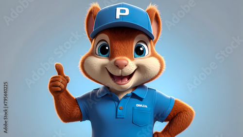 Friendly and smiling male cartoon squirrel 3d character model with a welcoming posture on a clean background