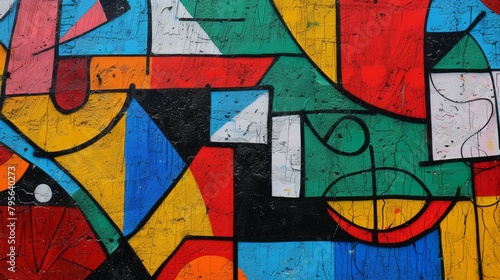 Vibrant Urban Street Art Mural with Abstract Geometric Shapes