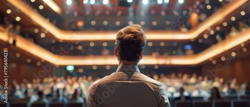 A man stands in front of a large audience, giving a speech. The audience is attentive and engaged, and the man is confident and well-prepared. The atmosphere is one of anticipation and excitement photo
