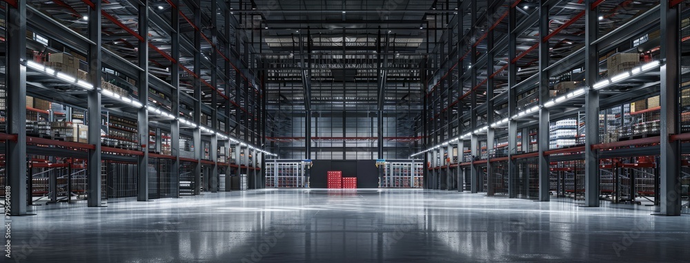 a warehouse, where racks and high-bay lights create captivating patterns of light and shadow, defining the space with an aura of efficiency and functionality. a warehouse, where racks and high-bay lights create captivating patterns of light and shadow, defining the space with an aura of efficiency and functionality.