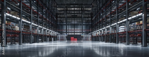 a warehouse, where racks and high-bay lights create captivating patterns of light and shadow, defining the space with an aura of efficiency and functionality. © lililia