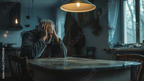 Weary Senior Man in Solitude at Kitchen Table, Pensive in the Dim Light
