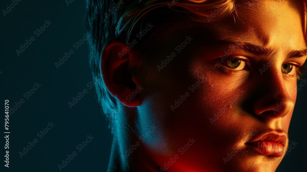 Dramatic Portrait of a Young Man with Colorful Lighting