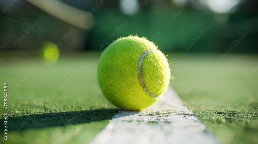 Close-up of a tennis ball on court line. Macro shot with shallow depth of field. Sports equipment and game concept.