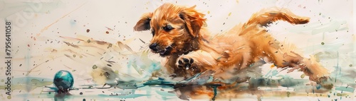 A puppy learns to fetch, its eagerness and excitement bursting in dynamic water color strokes, full of life and learning, bright water color photo