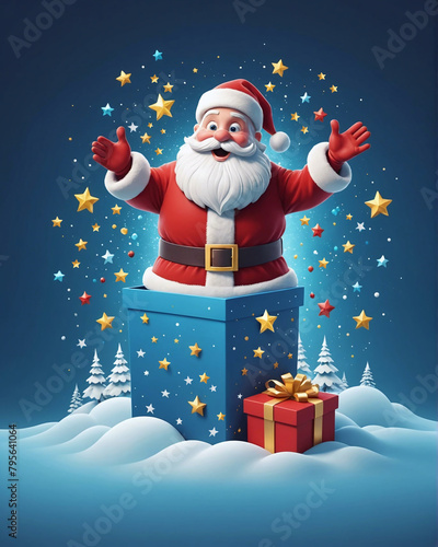 Père-noël dans un cadeau, isolé sur fond bleu	