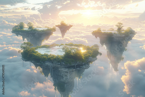 A surreal dreamscape of floating islands suspended in a digital sky, their contours blurred by the soft glow of an unseen light source.