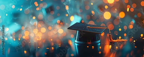 Graduation cap with golden tassel on blue and orange bokeh background. Elegant celebration and academic success concept. photo