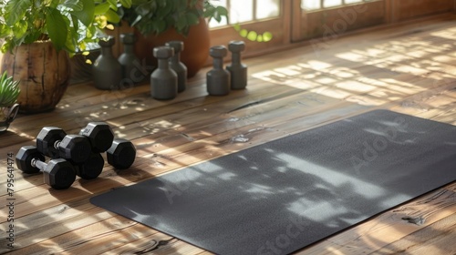 Yoga mat and exercise weights on wooden floor