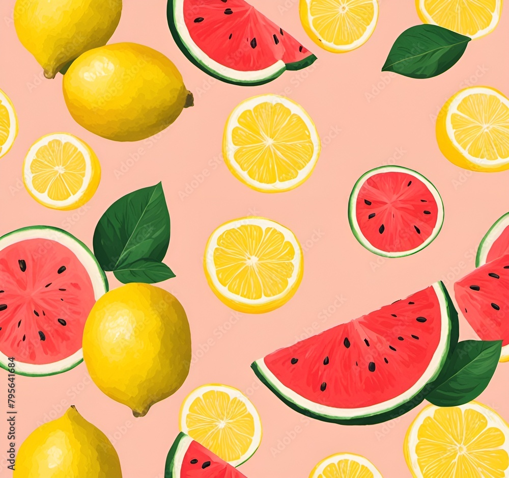 Watermelon cut in half with other lemon slices around it on a green background Watermelon cut in half with other lemon slices around it on a green background