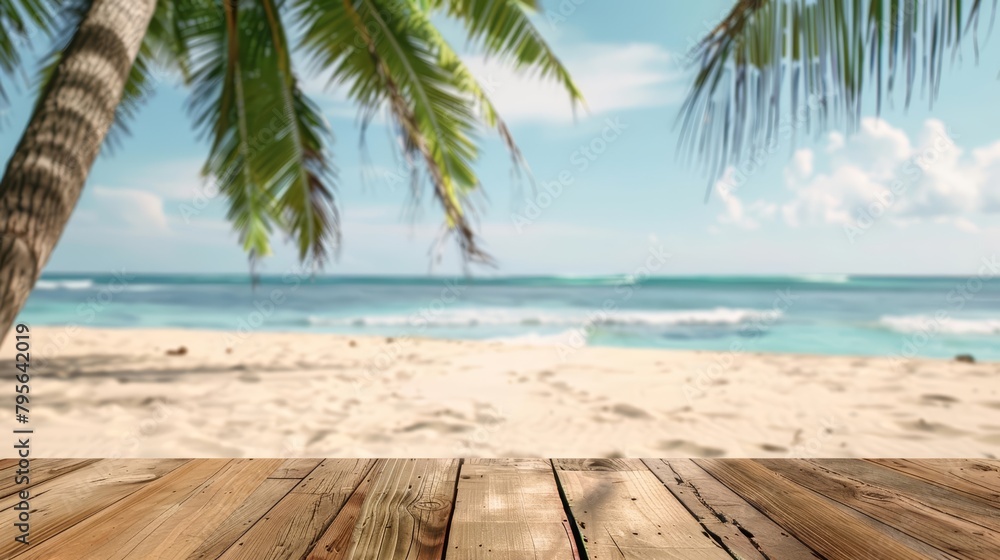 A serene and tranquil scene of a beach with a coconut palm tree in the background, framed by a wooden table A serene and tranquil scene of a beach with a coconut palm tree in the background, framed by a wooden table