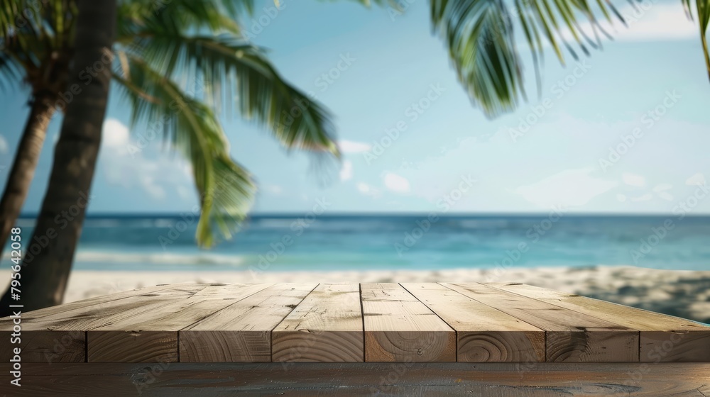 A serene and tranquil scene of a beach with a coconut palm tree in the background, framed by a wooden table