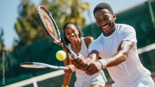 Enthusiastic tennis players during a mixed doubles game on outdoor court. photo