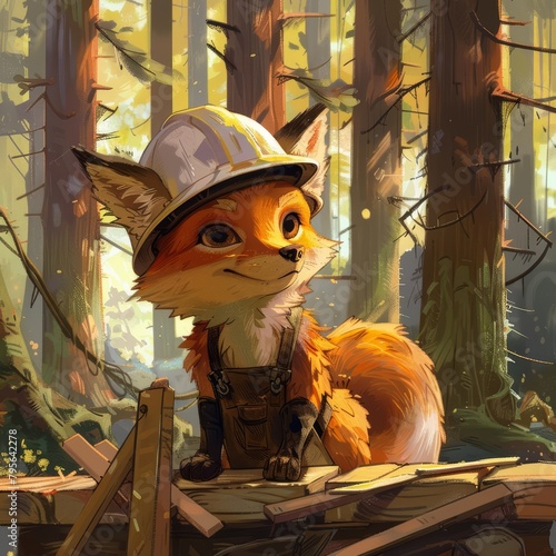 A resourceful fox wearing a hard hat, overseeing the construction of a sustainable wood recycling plant in the heart of the forest