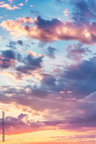 Majestic real sunrise or sundown sky background with gentle colorful clouds in a panoramic, large-scale format