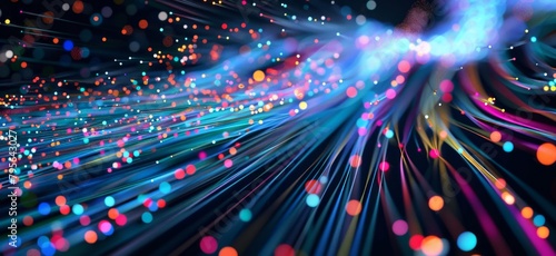 background with colorful lines and dots on a dark blue  futuristic technology concept  light streaks in the shape of fiber optic cables or speed lines isolated on a black background Generative AI