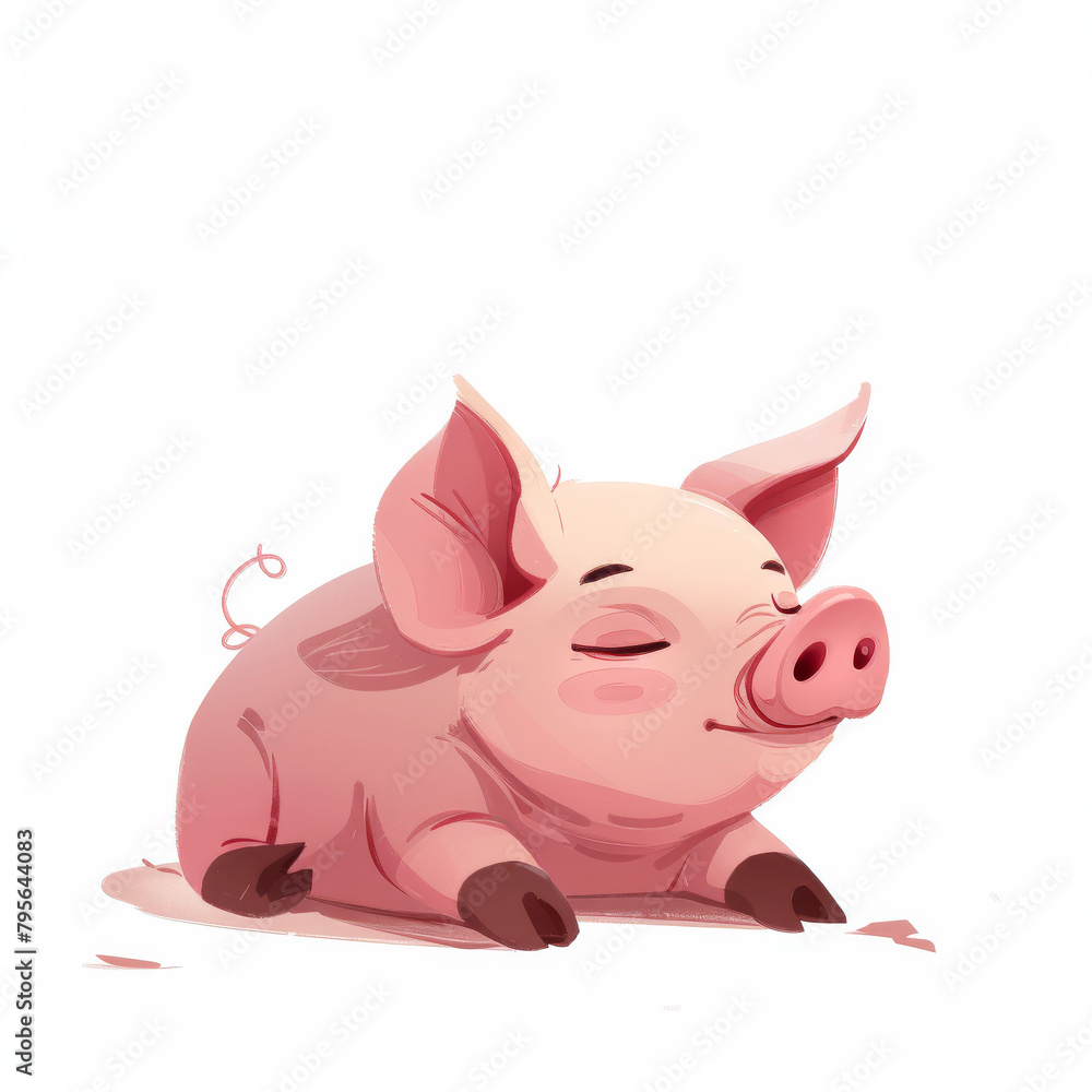 A cute cartoon pig is lying on the ground with its eyes closed and a blissful smile on its face. A cute cartoon pig is lying on the ground with its eyes closed and a blissful smile on its face.
