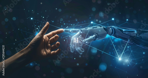 A human hand and robot finger touch each other on a dark blue background with a digital data connection, representing an artificial intelligence concept and AI technology #795644231