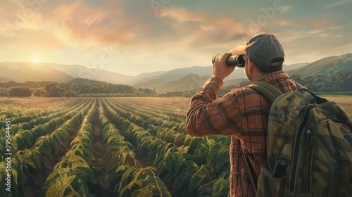 a hunter, equipped with binoculars and a map, scouting a vast glass agricultural field, where rows of crops extend into the distance, painting a scene of exploration and anticipation. photo