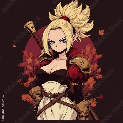Sexy anime girl with blonde hair with a sword on her back, Japanese warrior art style, isolated black background photo