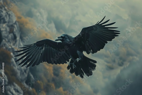 a raven flies , cinematic shot