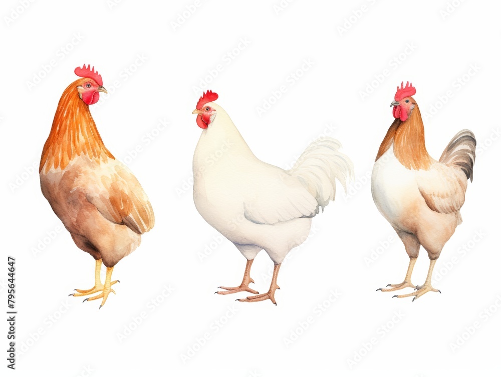 Fototapeta premium Picturesque watercolor portrayal of countryside hens and a rooster, roaming freely, elegantly presented on a white background, water color, drawing style, isolated clear background