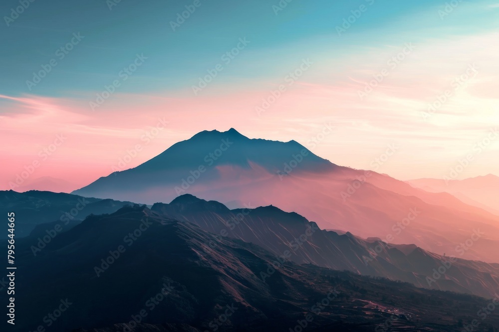 A minimalist background of a single mountain unicase against a gradient sky, Ai generated