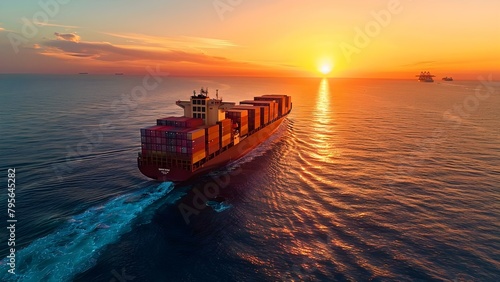 A large container ship sails across the ocean at sunset. Concept Travel Photography, Shipping Industry, Transportation, Sunset Views, Ocean Scenery