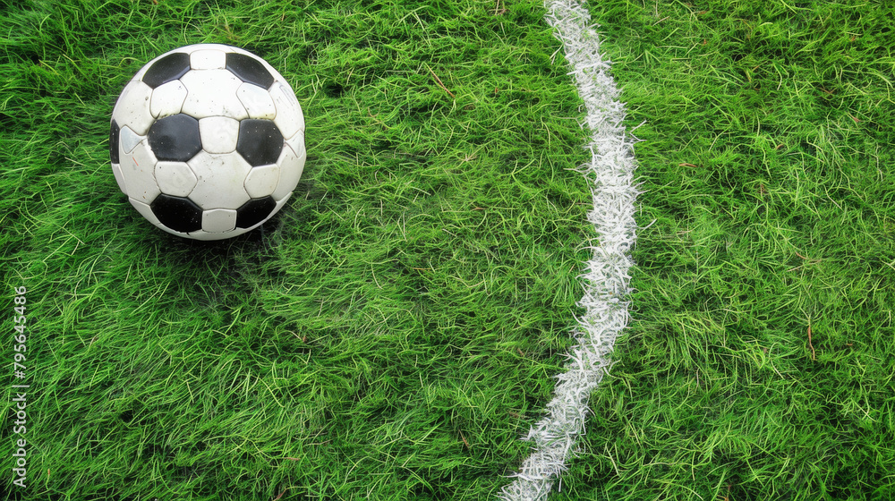 A soccer ball is sitting on a green field. The field is marked with a white line. Concept of sportsmanship and teamwork