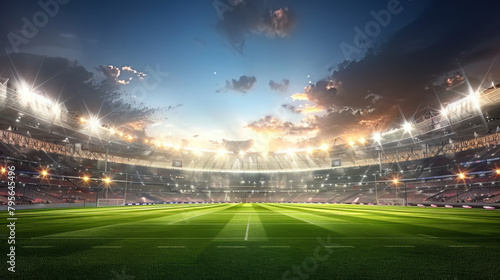 A stadium full of people watching a game. The sky is cloudy and the sun is shining brightly