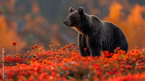 a black bear standing on all fours, surveying the breathtaking valley below amidst the towering mountains.
