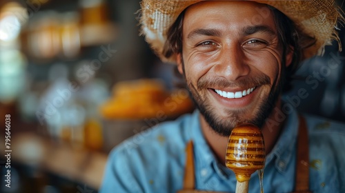 a funny and handsome man holding a jar of honey and a wooden spoon, with honey dripping from the spoon onto a green background, inviting viewers to indulge in sweetness. photo