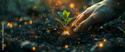 Hand planting a young green plant into soil, with glowing particles and light effects around the hand and seedling photo