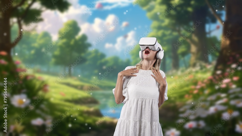 Excited woman looking around by VR surround enchant wonderful fairytale forest wild flower with snowfall at steam water in meta magical world like fairy tale in flower jungle timer tale. Contraption.