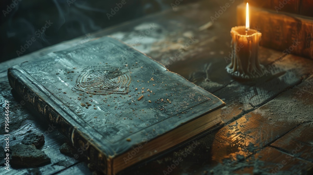 Exploring the ancient tome's cryptic symbols on a dusty table in the candlelit photo evokes a sense of dark magic and mystery. Exploring the ancient tome's cryptic symbols on a dusty table in the candlelit photo evokes a sense of dark magic and mystery.