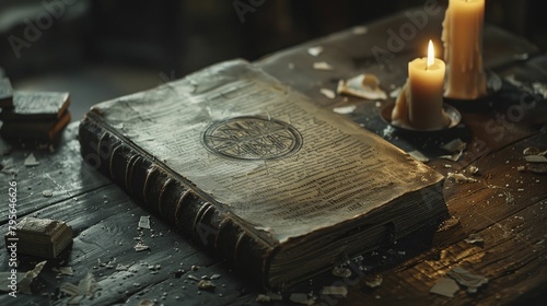 Ancient book with cryptic symbols on a dusty table, candlelit photo, ideal for themes of dark magic and mystery photo