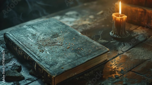 Exploring the ancient tome's cryptic symbols on a dusty table in the candlelit photo evokes a sense of dark magic and mystery. photo