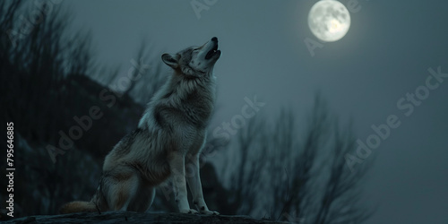 Wolf Silhouette vor Vollmond in der Nacht photo