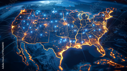 Futuristic Digital Map of USA with Illuminated Lines and Nodes, Showcasing Major Cities along the Borders, Symbolizing Advanced Connectivity and Technological Integration 