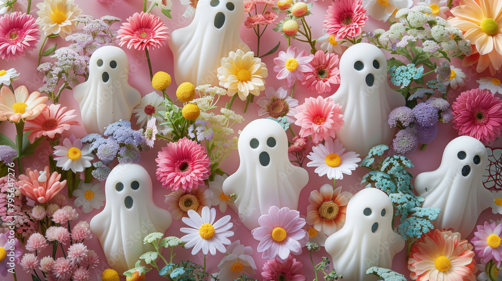 A bunch of flowers with white ghosts in the middle. The flowers are pink and yellow. The ghosts are white and have black eyes
