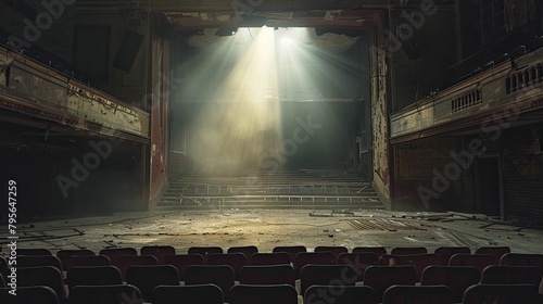 Experience the haunting stillness of a solitary spotlight illuminating a desolate stage in an abandoned theater, capturing eerie silence. photo