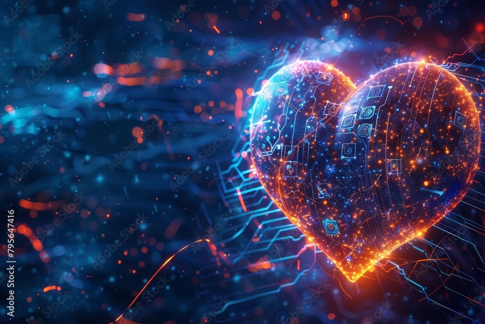 In the realm of quantum technology, glowing circuits form the silhouette of a heart, pulsing with the rhythm of digital love, background concept In the realm of quantum technology, glowing circuits form the silhouette of a heart, pulsing with the rhythm of digital love, background concept