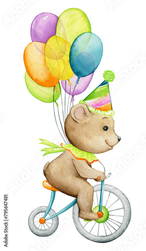 The bear is a circus performer, on a bicycle with balloons © Natalia