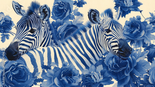 Two zebras are lying down in a field of flowers. The flowers are blue and white  and the zebras are surrounded by them. The image has a peaceful and serene mood