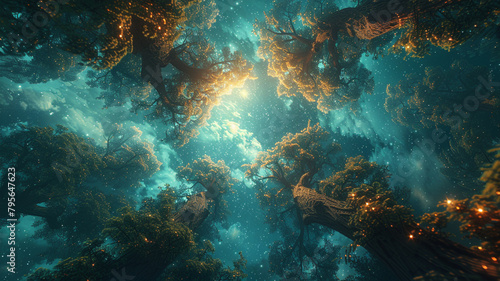 A surreal forest of pixelated trees reaching towards a virtual sky, their branches intertwining in a dance of digital life.