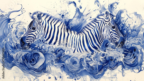 Two zebras are in the water  one of which is being attacked by a shark. The painting is a mix of blue and white  giving it a calm and serene feel