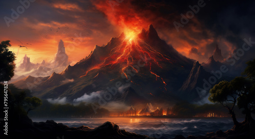 Volcano erupting in the night photo