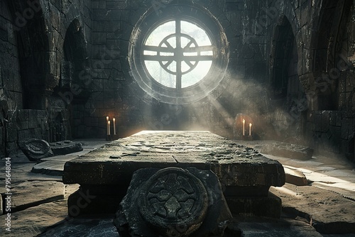 cinematic picture, a stone circle windows of a catle above a big thick oak table with 8 equal sides, the light trough the windows hit the center of the table, the table has sacred cross,  photo
