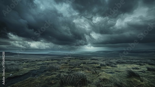 Dark, ominous clouds gathering over a desolate moor, photograph enhancing the atmosphere of impending doom, ideal for dark fantasy stories. photo