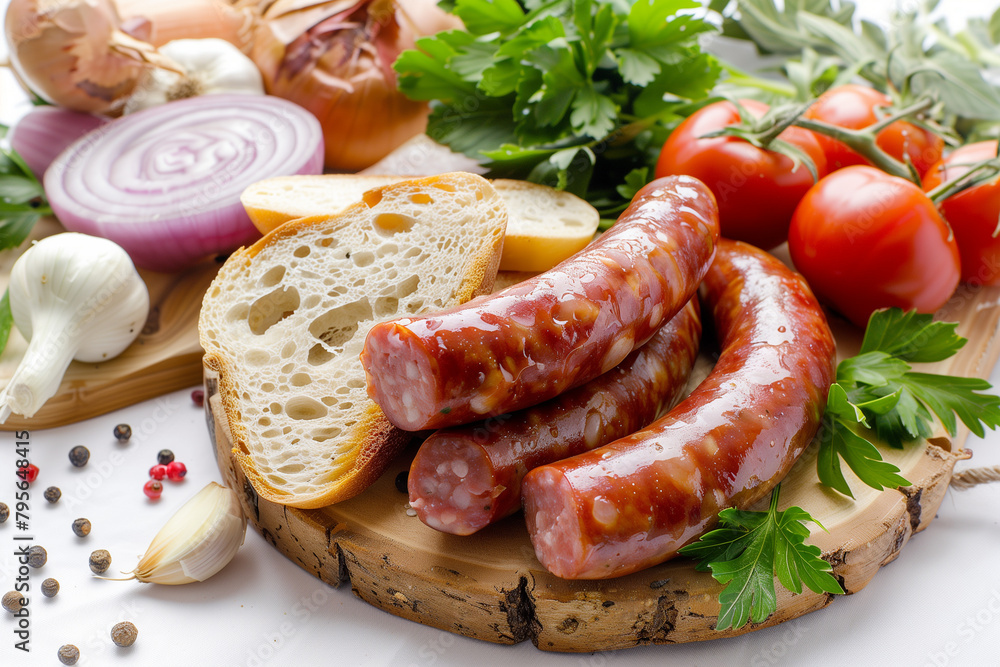 Plate of Sausages, Bread, Tomatoes, and Parsley